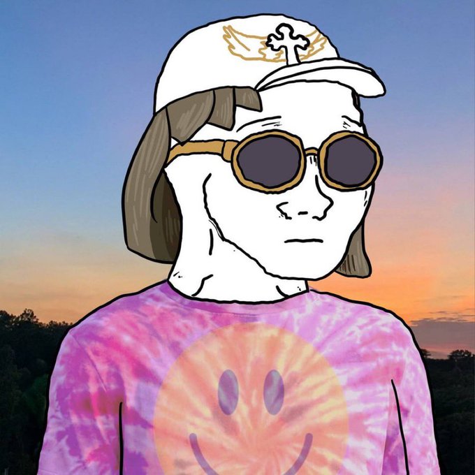 An illustrated cartoon character with brown hair, round sunglasses, and a white cap with a cross design wears a pink and purple tie-dye shirt featuring a smiley face, set against a sunset background.