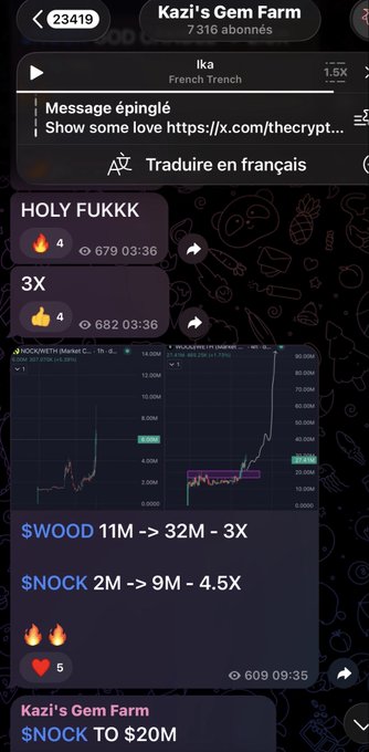 A Telegram channel screenshot from "Kazis's Gem Farm" shows pinned messages promoting "Show some love https://x.com/thecrypt..." alongside trading charts displaying dramatic price spikes for tokens $WOOD (jumping 3X from 11M to 32M market cap) and $NOCK (up 4.5X from 2M to 9M), with followers reacting enthusiastically. The image illustrates the pump-and-dump promotional style referenced in the post, which warns followers about being "rugged" by Kazi's shilling tactics.