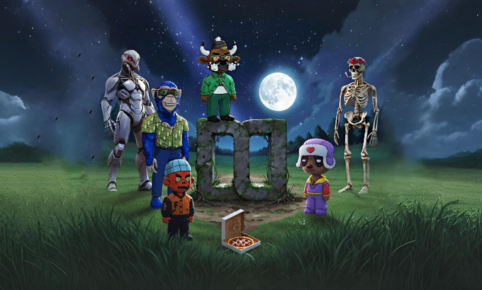 A nighttime scene with a full moon features several cartoon-style characters including a cyborg, a skeleton, a pirate figure on stone ruins, and a cowboy, gathered around a pizza box in a grassy field.