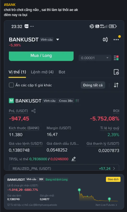 A screenshot of a Binance Futures position on the BANK/USDT pair showing a Cross 38x leveraged long trade that is down 1,016.29 USDT (-6,880.77% ROI) with the price currently at 0.1380749, illustrating exactly the kind of over-leveraged, underwater position the poster was warning about.