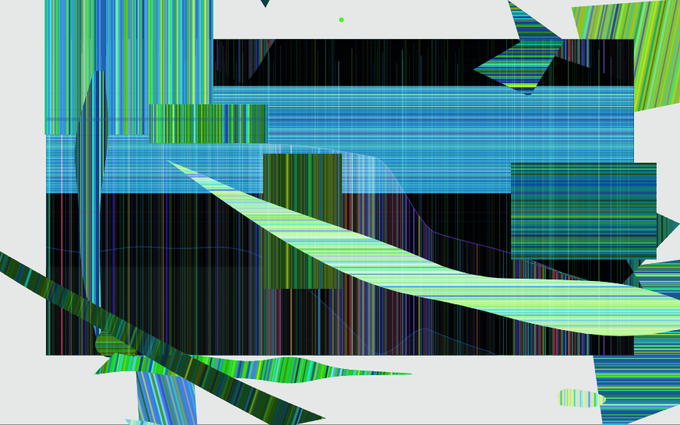 An abstract digital glitch/distortion art piece with vertical and diagonal stripes in shades of blue, green, and black on a light gray background.