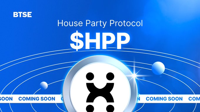 The image features a blue background with white text that reads "House Party Protocol $HPP" and "Incoming Spot Listing on #BTSE - HPP/USDT Deposits: 9 AM (UTC+0), May 25 Trading: 8 AM (UTC+0), May 26". The post is about an upcoming spot listing for a cryptocurrency called HPP, which is currently available in the form of a deposit. The image also includes a logo and a description of the spot listing.