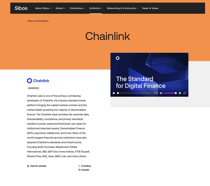 A Sibos conference exhibitor page for Chainlink, describing it as the industry-standard oracle platform for decentralized finance, with a video titled 'The Standard for Digital Finance'.