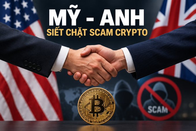 A graphic depicting a handshake between two people in suits with the US and UK flags in the background, featuring text 'MỸ - ANH SIẾT CHẶT SCAM CRYPTO' and a 'SCAM' warning symbol alongside a Bitcoin coin.