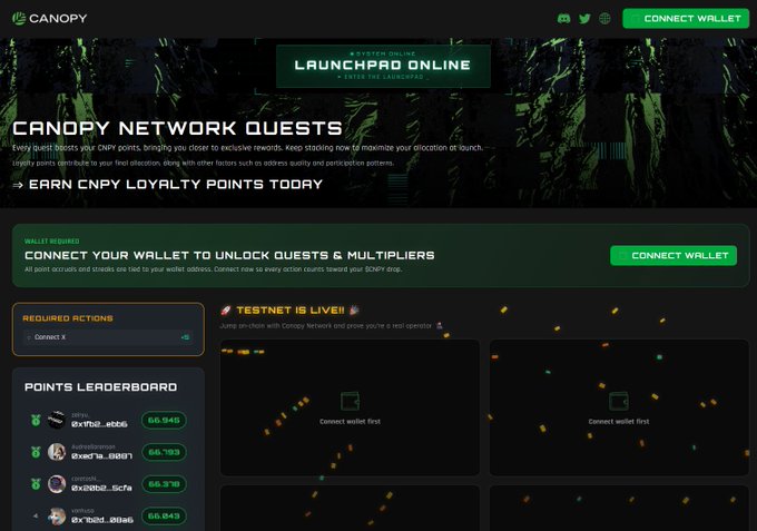 A webpage for 'CANOPY NETWORK QUESTS' advertising the 'LAUNCHPAD ONLINE' system and prompting users to 'CONNECT YOUR WALLET TO UNLOCK QUESTS & MULTIPLIERS' and 'EARN CNPY LOYALTY POINTS TODAY', featuring a points leaderboard.