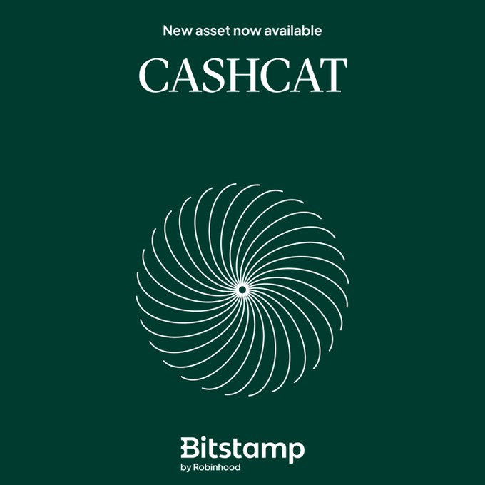 A dark green promotional graphic announces "New asset now available CASHCAT" with a white spiral/firework-like design, featuring the "Bitstamp by Robinhood" logo at the bottom, corresponding to the post about CASHCAT being newly tradable on the platform.