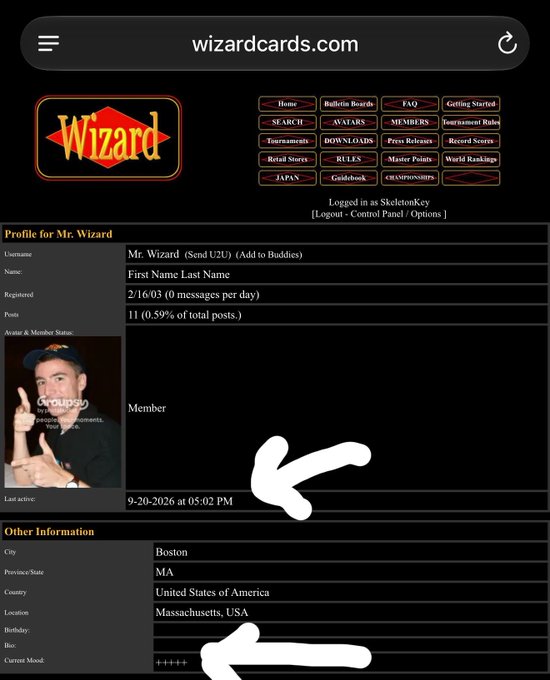 A screenshot of wizardcards.com showing a user profile for "Mr.Wizard" (logged in as SkeletonKey) with the current mood displayed as "+++++" (five plus signs), indicated by white arrows—matching the "+++++" signal referenced in the caption.