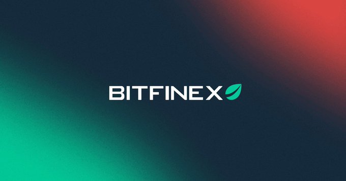 The Bitfinex logo displayed on a dark blue background with red and green gradient accents.