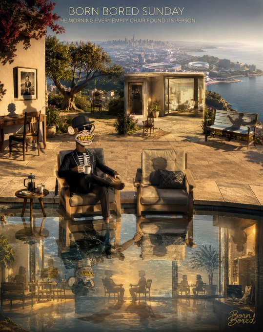The image is a surreal album cover for "BORN BORED SUNDAY" with the subtitle "THE MORNING EVERY EMPTY CHAIR FOUND ITS PERSON," showing a top-hatted skeletal figure relaxing in a luxurious cliffside villa overlooking a coastal city, with reflections of other figures gathered around a table visible in the pool below. This visual metaphor of finding one's place at an empty chair aligns with the post's motivational message about showing up, shaping your journey, and finding your tribe among fellow travelers.