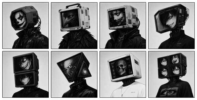 A grid of eight black and white illustrations depicting dystopian figures with various CRT monitors, televisions, and surveillance devices for heads.