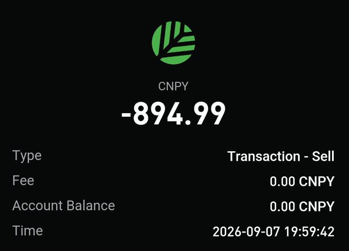 A dark transaction receipt screen showing a green leaf logo, 'CNPY -894.99', and details: 'Transaction - Sell', 'Fee 0.00 CNPY', 'Account Balance 0.00 CNPY', 'Time 2026-09-07 19:59:42'.