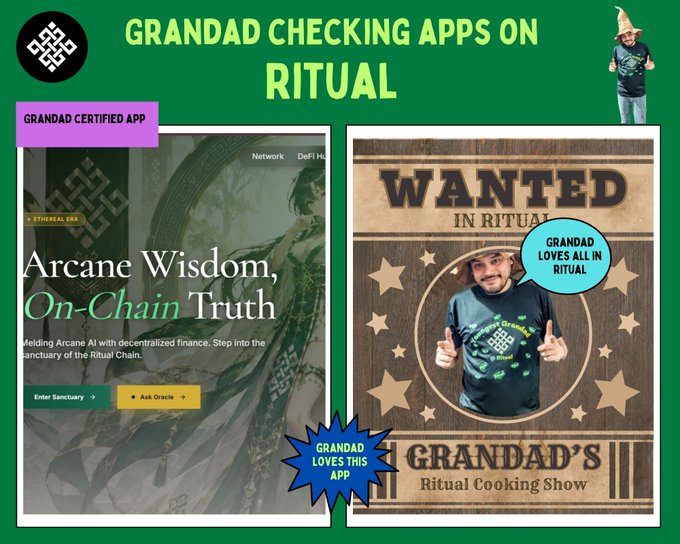 A green promotional graphic titled 'GRANDAD CHECKING APPS ON RITUAL' featuring screenshots of the Ritual app, a 'Wanted in Ritual' poster of a man, and 'Grandad Loves This App' badges.