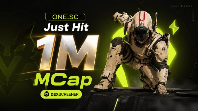 The image features a man dressed as a robot or cyborg with a helmet and armor, standing on top of a building. The caption below the image reads "One SC Just Hit Mcap", which suggests that the image might be related to a video game or an advertisement for a gaming event. The post also mentions that the market is paying attention to this achievement, indicating its significance in the gaming community.