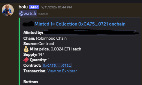 A Discord notification from "bolu APP" alerts user @watch of a minting event for the "Hashcats" collection (0xCA75...0721) on Robinhood Chain, showing a mint price of 0.0024 ETH each and a total supply of 147. The alert confirms the poster's claim about the 147 mint supply and 0.0024 ETH mint price they mentioned in their post about getting pinged for the Hashcats collection.