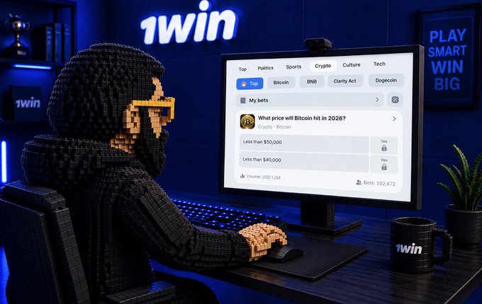A digital render of a figure constructed from black blocks wearing yellow glasses, sitting at a desk with a '1win' branded monitor displaying a cryptocurrency betting platform.