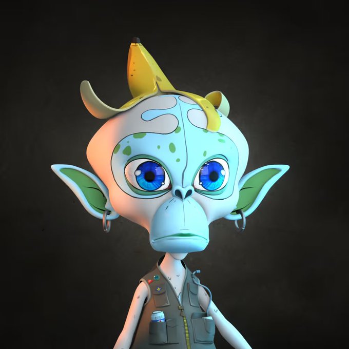 In this image, there is a cartoon character wearing a green vest with pockets and a banana hat sitting against a black background. The character appears to be a monkey or an alien-like creature, depending on the interpretation of the viewer. The caption at the bottom of the image reads "Omg! Once again, I have been surprised by the @MoonApeLab community and more specifically by @Moonap3r I can’t thank you enough for returning my stolen ape. @TheMadQueenEth has the best community members in web3. Hands down!".