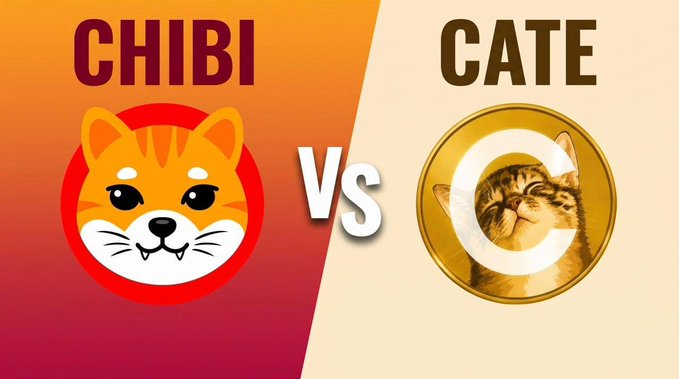 A comparison image split diagonally showing 'CHIBI' with a stylized orange cat icon on the left and 'CATE' with a cat inside a gold coin on the right, separated by a 'VS' in the middle.