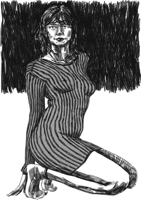 A black and white ink sketch shows a woman with dark hair kneeling and wearing a striped dress, rendered with heavy cross-hatching against a dark scribbled background.