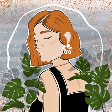 An illustrated portrait of a woman with short auburn hair and a butterfly earring, surrounded by green monstera leaves against a sparkly background.