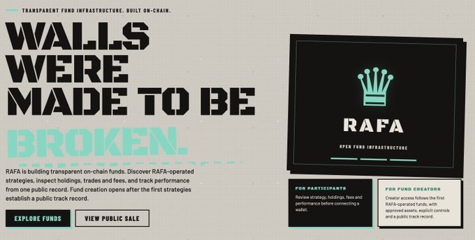 Promotional banner for RAFA (Open Fund Infrastructure) with the tagline 'WALLS WERE MADE TO BE BROKEN' and buttons to 'EXPLORE FUNDS' and 'VIEW PUBLIC SALE'.