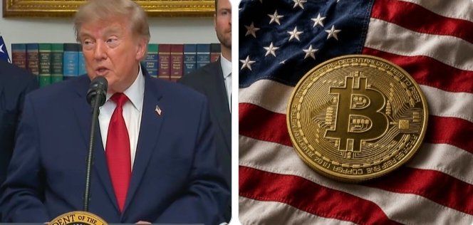 A split image shows Donald Trump speaking at a podium on the left, and a gold Bitcoin coin superimposed on an American flag on the right. This visually represents the post's claim that Trump is open to U.S. Bitcoin accumulation, aligning the country with $BTC.