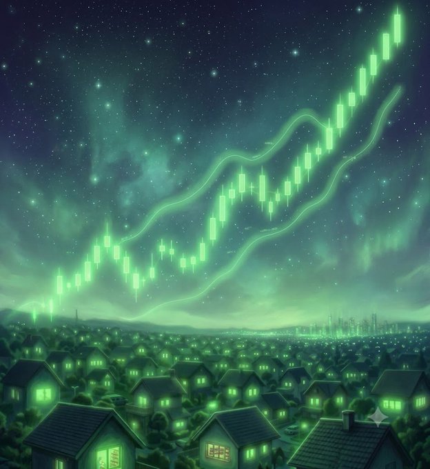 The image depicts a glowing green candlestick chart ascending over a suburban neighborhood at night, symbolizing rising crypto or stock prices illuminated across the skyline, fitting the post's question about a trending Robinhood coin.