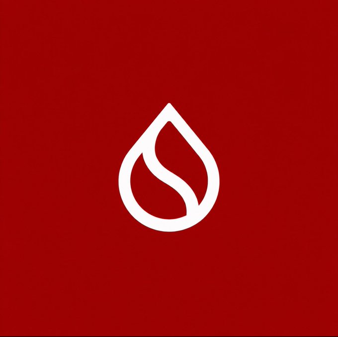 A minimalist white flame or droplet-shaped logo with an internal leaf-like design, centered on a solid dark red background.