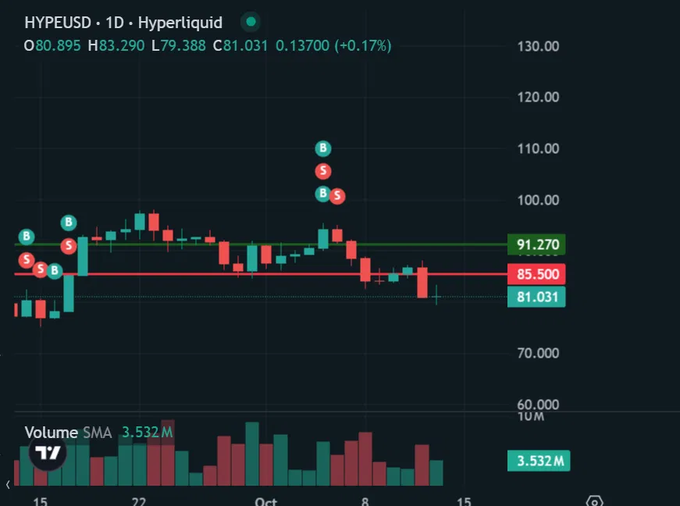A candlestick chart showing the HYPEUSD trading pair on Hyperliquid, with a current price of 81.031, displaying Buy (B) and Sell (S) signals.