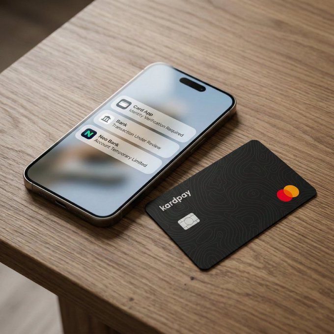 A smartphone displaying notifications for "Card App Identity Verification Required," "Bank Transaction Under Review," and "Neo Bank Account Temporarily Limited" sits on a wooden table next to a sleek black "kardpay" card, visually reinforcing the promotional offer for 25 special invites to get 30% off the non-KYC crypto card at app.kardpay.app/auth?ref=NOAH.