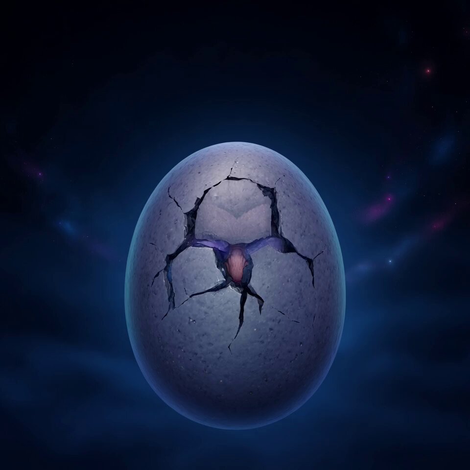 The image features an egg with a crack, floating in space against a dark blue background. The egg appears to be broken or cracked open, possibly due to a meteor impact. The caption of the image includes the hashtag #CHEAPZ fam. My first take at Asia Myths! Did it come out right? #base is home.