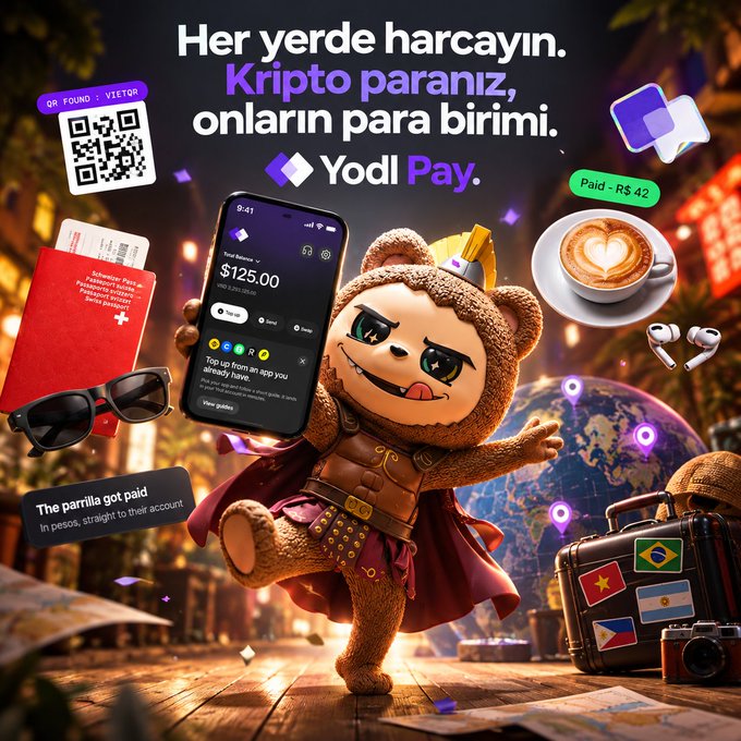 An advertisement for "Yodl Pay" featuring a 3D bear character dressed as a gladiator, alongside a smartphone showing a payment screen for $125.00, with the text "Her yerde harcayın. Kripto paranız, onların para birimi."