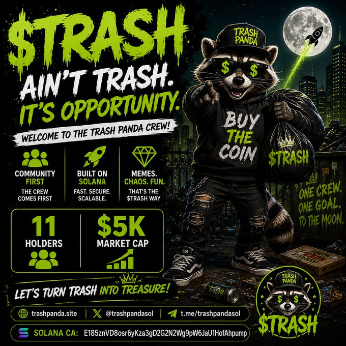 A promotional graphic for the '$TRASH' meme coin ('TRASH PANDA') features a dollar-sign-eyed raccoon holding a trash bag, advertising '11 HOLDERS' and a '$5K MARKET CAP' with the Solana contract address.