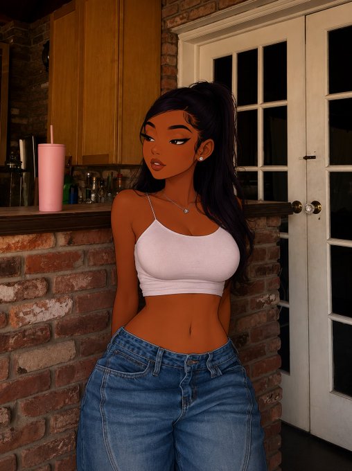 A digital anime-style illustration of a young woman with long dark hair in a ponytail, wearing a white crop top and blue jeans, standing in a kitchen next to a brick counter with a pink tumbler cup.