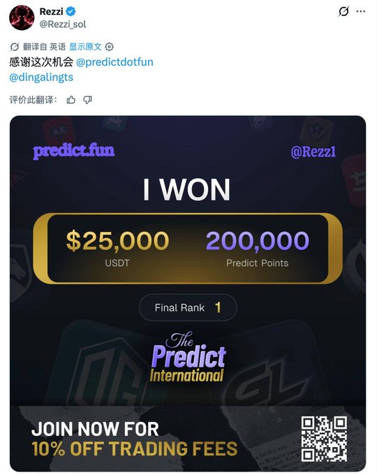 A tweet from user @Rezzi_sol celebrating winning $25,000 USDT and 200,000 Predict Points with a "Final Rank 1" in "The Predict International" competition, alongside a QR code for joining.
