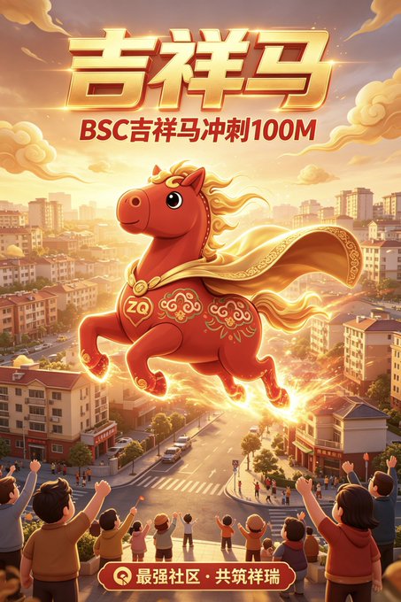 The image features a poster with a cartoon horse flying through the air over a cityscape. A group of people are standing below the horse, watching as it soars above them. The poster includes Chinese characters that translate to "BSC 100M", which is likely an advertisement for BSC's 100M community project. The poster also features a drawing of a red dragon, adding to the overall theme and visual appeal of the advertisement.