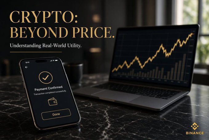 A smartphone displaying a "Payment Confirmed" screen sits beside a laptop showing a rising crypto price chart, with overlaid text reading "CRYPTO: BEYOND PRICE. Understanding Real-World Utility." and a Binance logo, illustrating the post's message about crypto's practical applications versus price speculation.