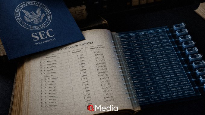 A U.S. SEC Rule Proposal book titled "SEC RULE PROPOSAL" sits open to a shareholder register page, with a futuristic digital display overlay showing financial data on the right.
