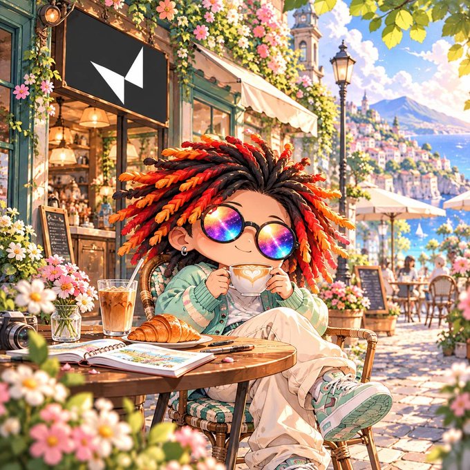A vibrant anime-style illustration of a chibi character with red and orange dreadlocks and rainbow reflective sunglasses enjoying a cappuccino at an outdoor cafe, with a croissant, sketchbook, and a coastal Mediterranean town in the background.