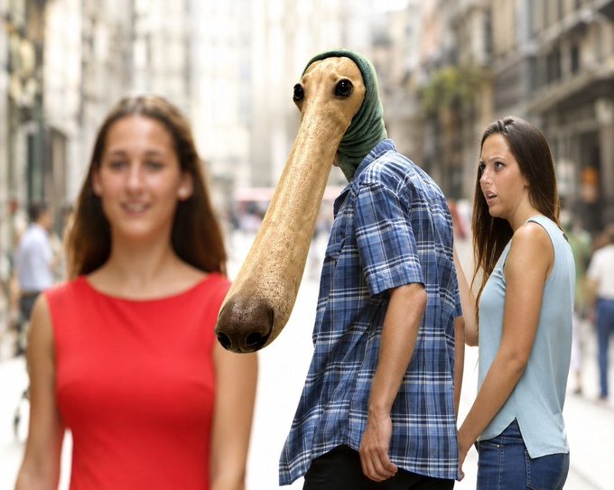 A humorous photo featuring a person wearing a horse mask standing between two women on a city street, with the woman in red smiling at the 'horse' and the woman in blue looking surprised.