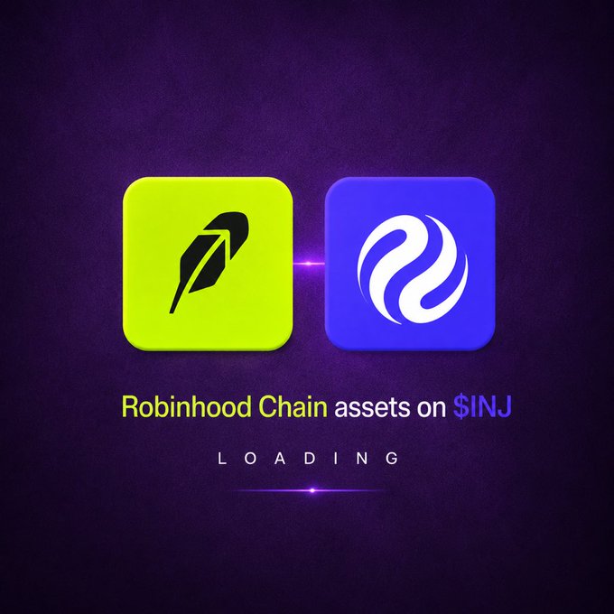 A dark purple graphic announcing 'Robinhood Chain assets on $INJ' with the Robinhood feather logo and Injective logo side by side, and 'LOADING' text below.