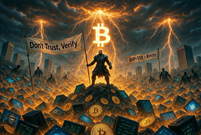 A dramatic Bitcoin-themed artwork featuring a knight holding banners reading "Don't Trust, Verify" and "BIP-110 - Knots," standing atop a pile of Bitcoin coins and computer monitors amid a stormy, lightning-filled cityscape.