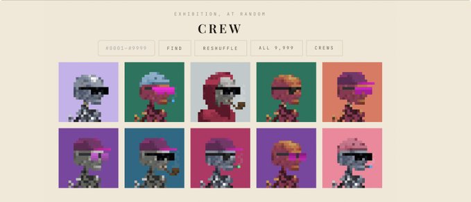 Pixel art gallery titled 'CREW' displaying ten colorful 8-bit character portraits with cyberpunk sunglasses against various colored backgrounds, featuring navigation tabs like FIND, RESHUFFLE, and CREWS.