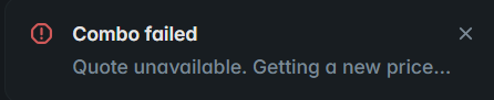 An error screen displays "Combo failed" with a warning icon and the message "Quote unavailable. Getting a new price..." beneath it, accompanied by an "X" in the upper right corner, illustrating the frustrating combo-building experience the user describes on Polymarket.