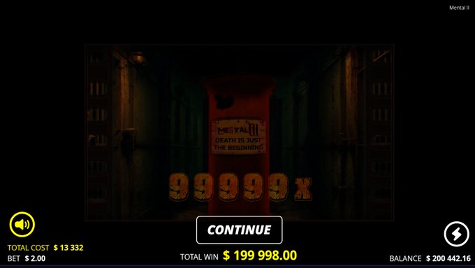 A spooky slot game screen displays "MENTAL" with the tagline "DEATH IS JUST THE BEGINNING" and shows a massive 99,999x multiplier win totaling $199,998.00, with a balance of $200,442.16 and total cost of $13,332, highlighting a huge payout on the game "Mental" as referenced in the accompanying post.