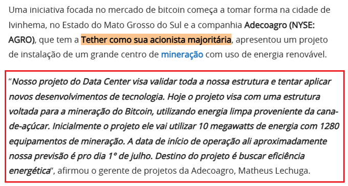 The image shows a text box with information about an upcoming project involving Bitcoin mining. The text box contains details of the project, including the name "Tether-Backed Adecoagro" and the company's involvement in Bitcoin mining. The text also mentions that Tether is a major shareholder in this project. The post appears to be written in Portuguese, as indicated by the language used within the image description.
