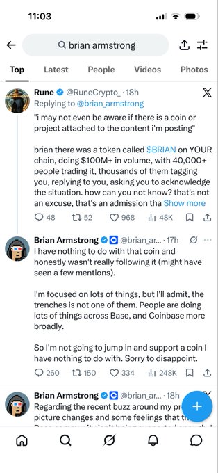 The image shows a Twitter/X exchange where Rune (@RuneCrypto_) tags Brian Armstrong (@brian_armstrong) about a $BRIAN token on Coinbase's Base chain that allegedly hit $100M+ volume and 40,000+ traders, with Armstrong responding that he wasn't aware of the coin and won't support it. The accompanying post criticizes Armstrong for not being more aware of meme tokens like $BRIAN, calling the situation shameful given that memes drive significant wealth in crypto culture.