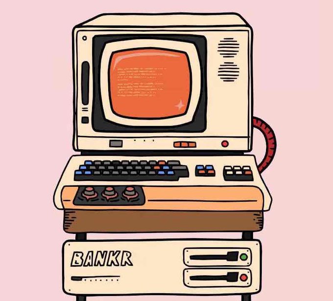 A cartoon-style illustration of a vintage beige computer with an orange screen, keyboard, and a red hose, sitting above a device labeled 'BANKR' on a pink background.