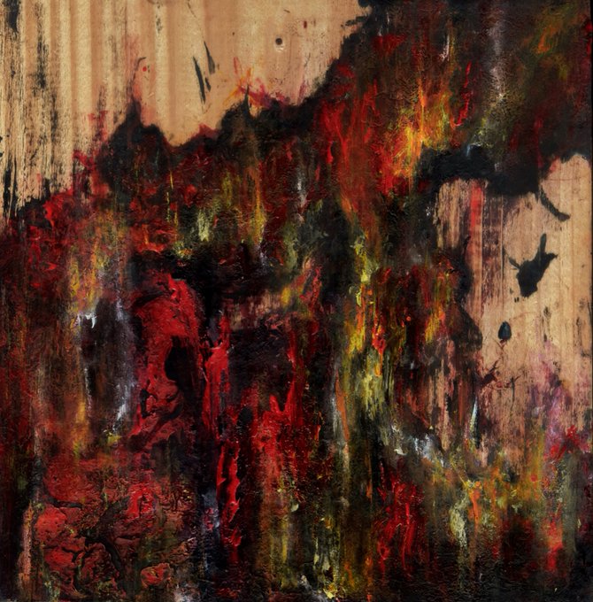 An abstract expressionist painting with heavily textured, dripping layers of red, black, and yellow paint over a beige base.