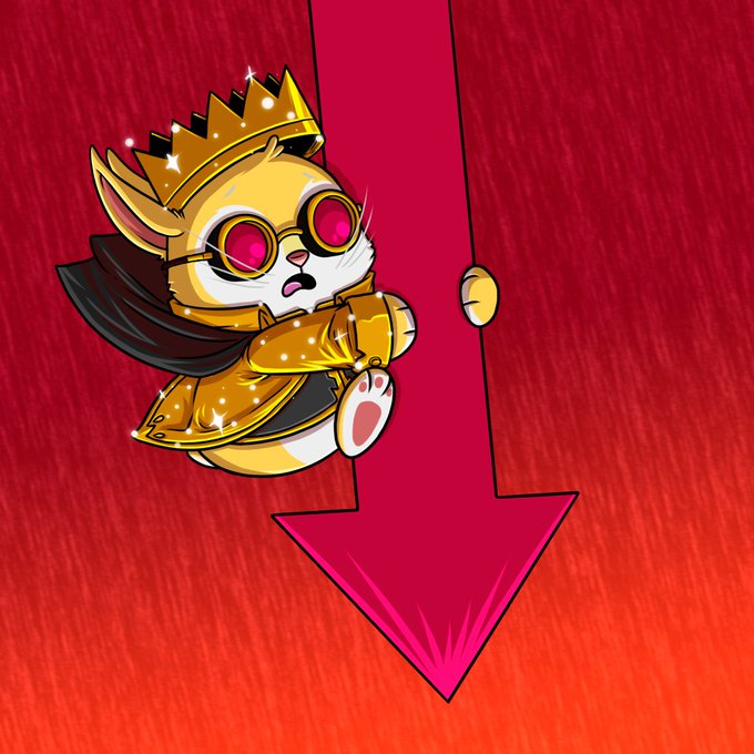 The image features a cartoon rabbit wearing a crown and glasses, with its foot hanging off an arrow pointing downwards. The background has a gradient of colors that transitions from red at the top to orange at the bottom. The caption below the illustration reads "Coins dippin' but I'M still shippin' Hold through the bear and build with the Buns! Drop your @TheWildsNFTs, Pudgys, Apes, Quirkies, Fugz, Bearish, Punks (or whatever you rep)".