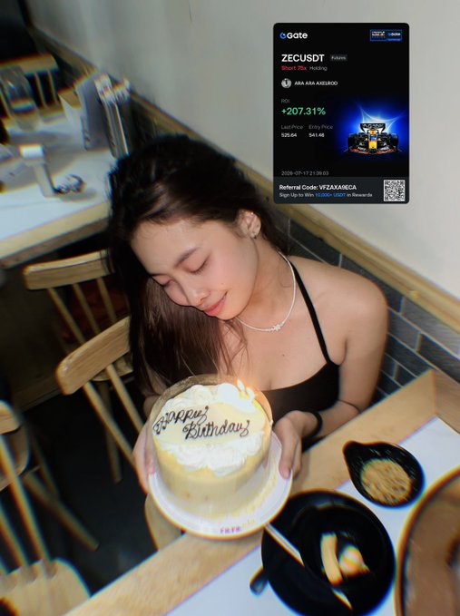 A young woman resting with her head down next to a 'Happy Birthday' cake, with a Gate.io advertisement overlay promoting ZECUSDT showing a +207.31% gain and a referral code.